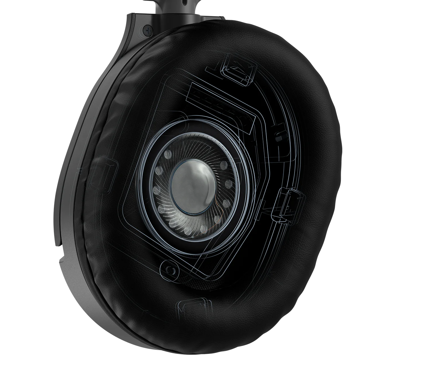 Close-up of headphone ear cup showcasing internal 40mm speaker components