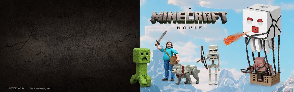 A Minecraft Movie Hero Image featuring a variety of Minecraft action figures.