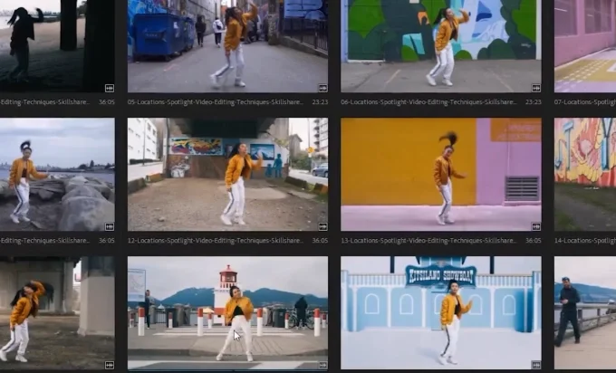 Screenshot of editing software, showing different scenes of a woman dancing