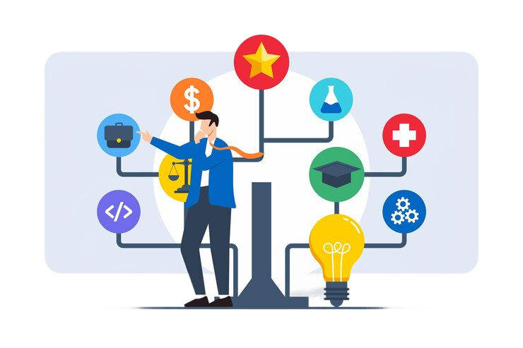 Businessman examining decision tree with various career options and paths