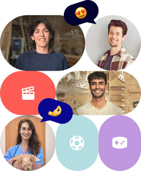 collage of customer portraits and icons