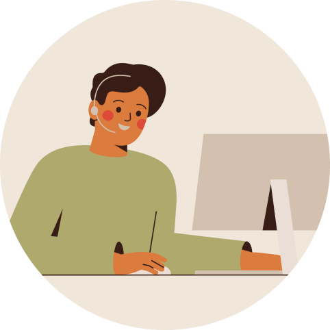 Illustration of a male customer service agent wearing a headset and sitting in front of his computer, smiling as he helps a customer get started on forming an LLC.