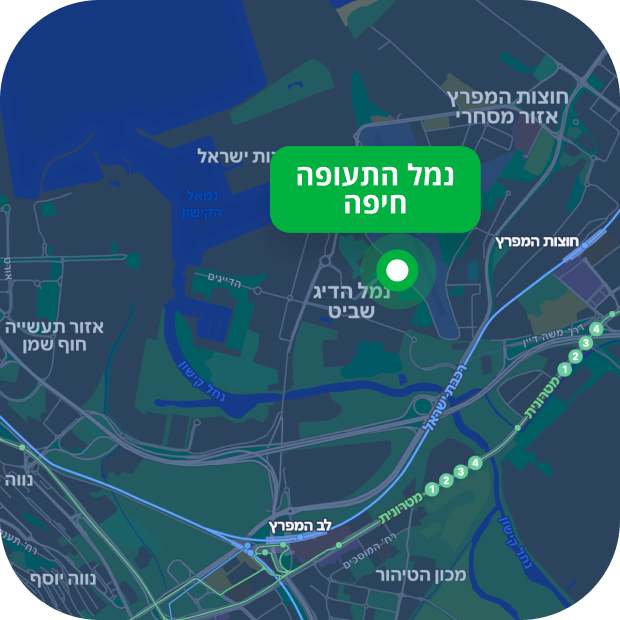 מפה מקיפה של אזור נמל התעופה בחיפה‚ המציגה מיקומים בולטים בסביבה