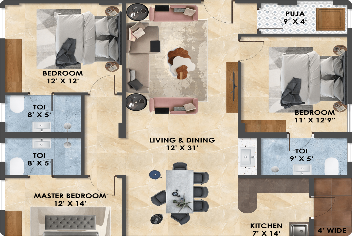 3 BHK Floor Plan - North Facing