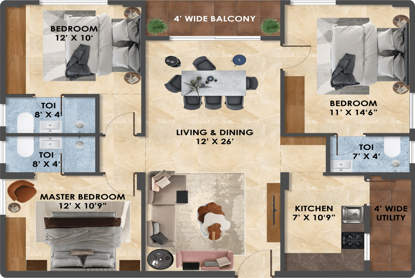 3 BHK Floor Plan - South Facing