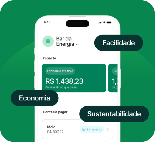 Aplicativo da Lemon Energia em fundo verde, destacando o impacto econômico e ambiental dos clientes