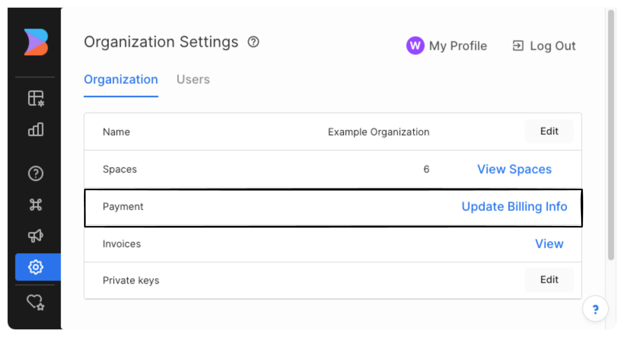 Screenshot of Organization Account Settings with the Payment area encircled with an arrow pointing at "Updated Billing Info".