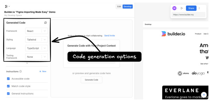 Builder's Develop screen that shows options under the title Generated Code including framework and language.