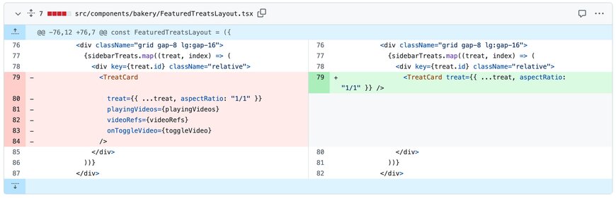 Git diff showing video-related props removed from a TreatCard component in FeaturedTreatsLayout.tsx.