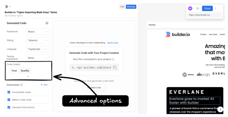Develop Space with the Develop tab clicked, showcasing the advanced options for code generation.
