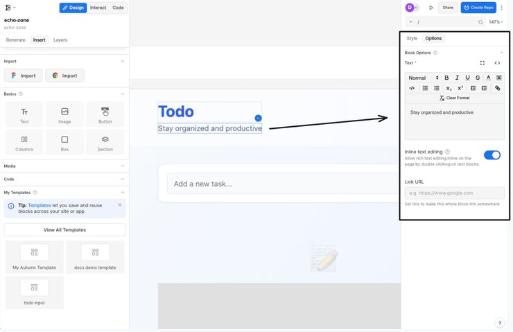 The Options tab is open in the Visual Editor. An arrow points to the Options tab, which shows the options available for a Text block. These options for a Text block include a rich text editor, a toggle for inline text editing, and a URL field for making the whole block a link.