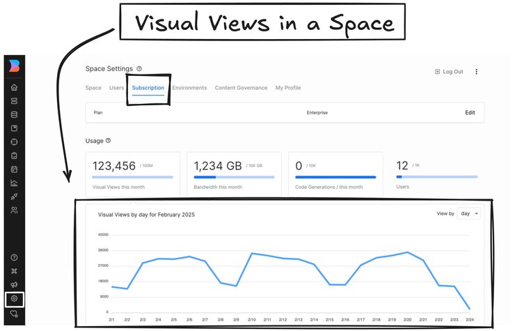 Screenshot of the Subscription tab in Space Settings with the Visual Views chart pointed out with a note that says "Visual Views in a Space".
