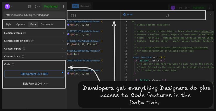 Screenshot of the Visual Editor with custom code window open alongside another window highlighted and pointed at Code section of Data tab with a caption, "Developers get everything Designers do plus access to code features."