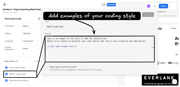 Image of Generated Code panel with the Match code style section in Settings pointed out. An annotation says, "Add examples of your coding style here".
