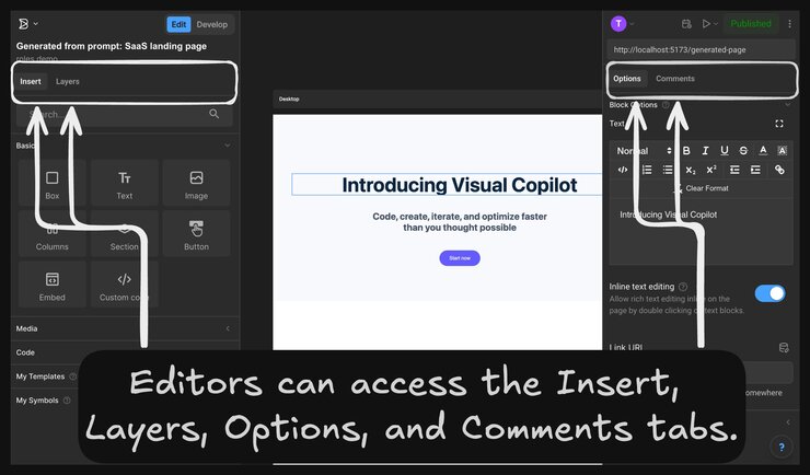 Screenshot of the Visual Editor with a text block selected and the four tabs of Insert, Options, Layers, and comments available. The caption reads, "Editors can access the Insert, Options, Layers, and Comments tabs."