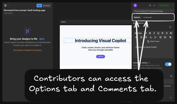 Screenshot of the Visual Editor with a text block selected and the block Options open. A note reads, "Contributors can access the Options tab and Comments tab."