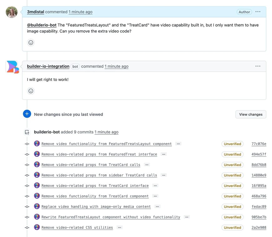 GitHub comment requesting removal of video code followed by a builderio-bot's confirmation and a list of 9 related commits.