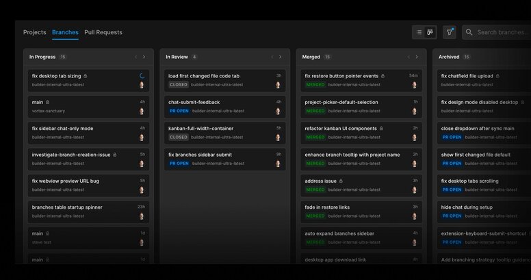 The Builder kanban board that shows all your active agents and what stage they're in, relative to a PR.