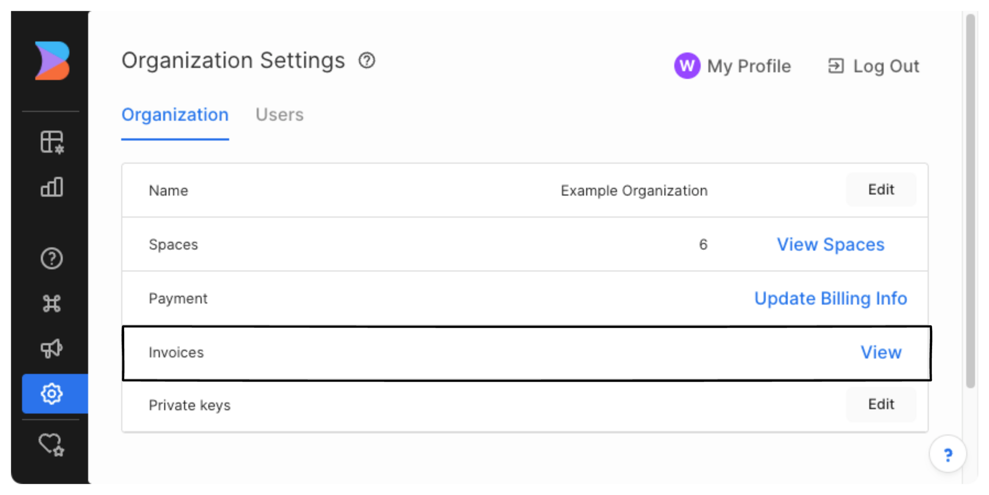Screenshot of Organization Account Settings with the Invoices area encircled with an arrow pointing at "View".