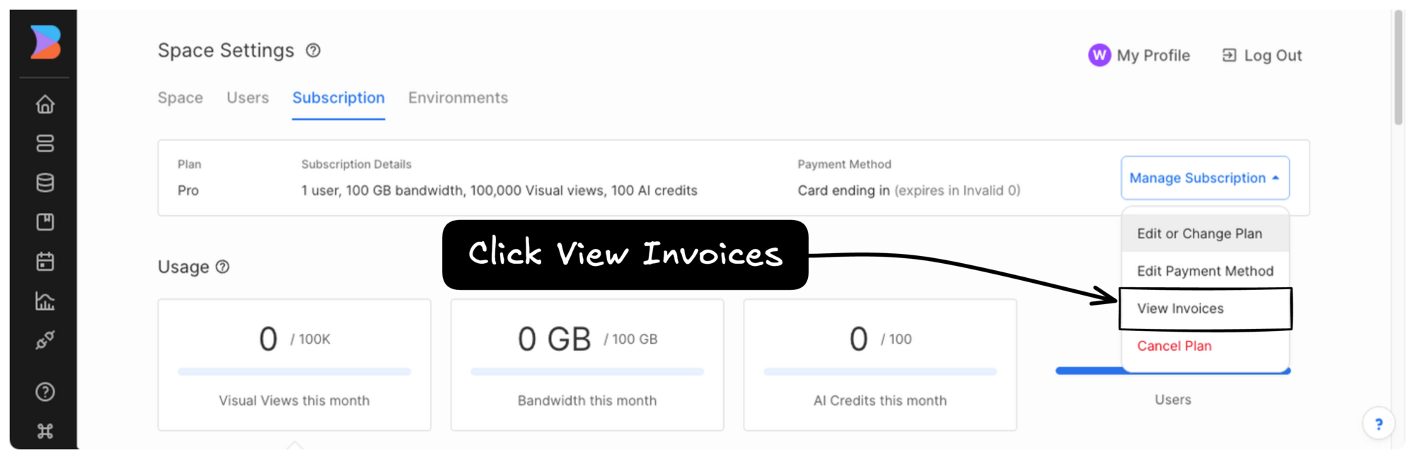 Screenshot of Space Account Settings with the View Invoices option encircled with an arrow and text saying "Click View Invoices".