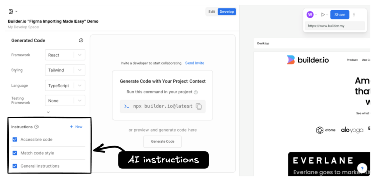 Develop Space with the Develop tab clicked, highlighting the custom instructions for code generation.