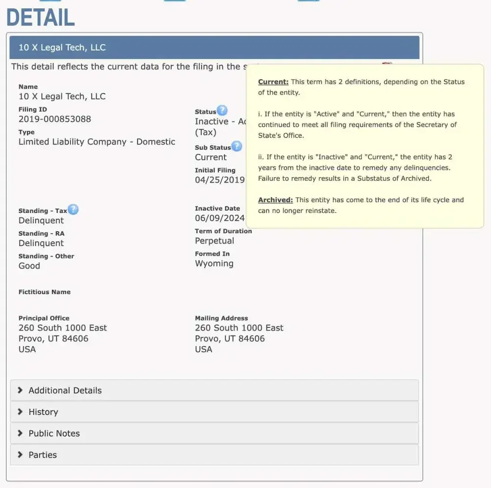 Screenshot of the Wyoming business entity search website showing details of a business' status and relevant data.