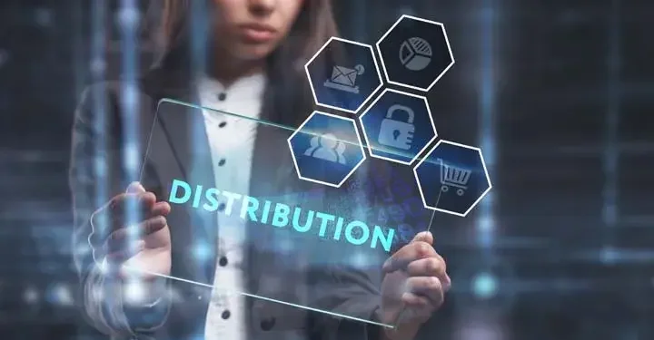 Woman in suit holding futuristic glass touchscreen with blue text "distribution on it" with blue hexagons projected next to it with symbols in it