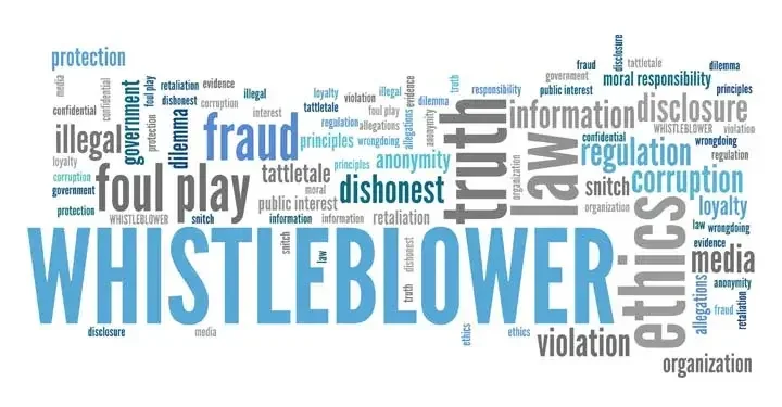 Many words relating to "whistleblower" in blue and grey