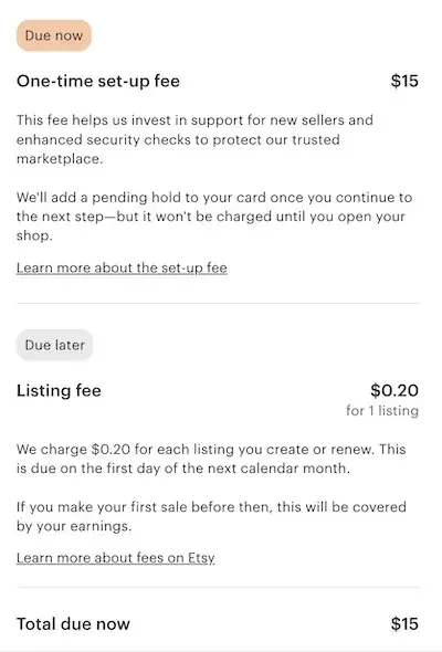 Screenshot from Etsy: list of fees for new shops.