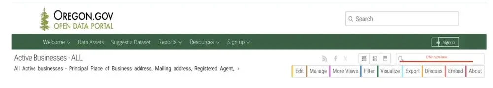 The Oregon.gov Open Business Portal for checking business names