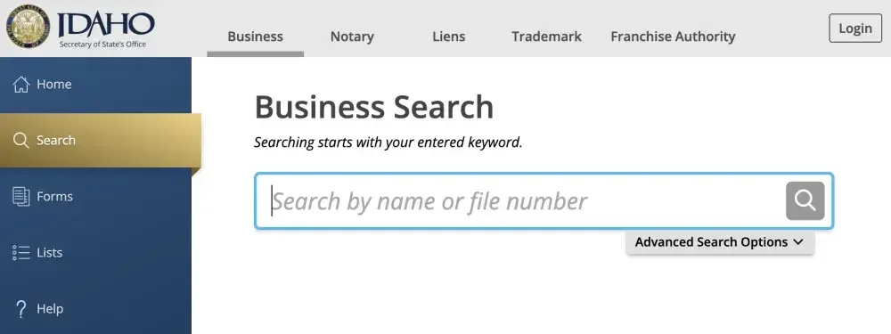 Screenshot of the Idaho SoS website business search function