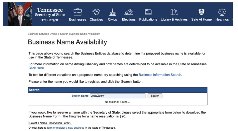 Screenshot fromt he Tennessee business search website showing no results for the exact match "LegalZoom"