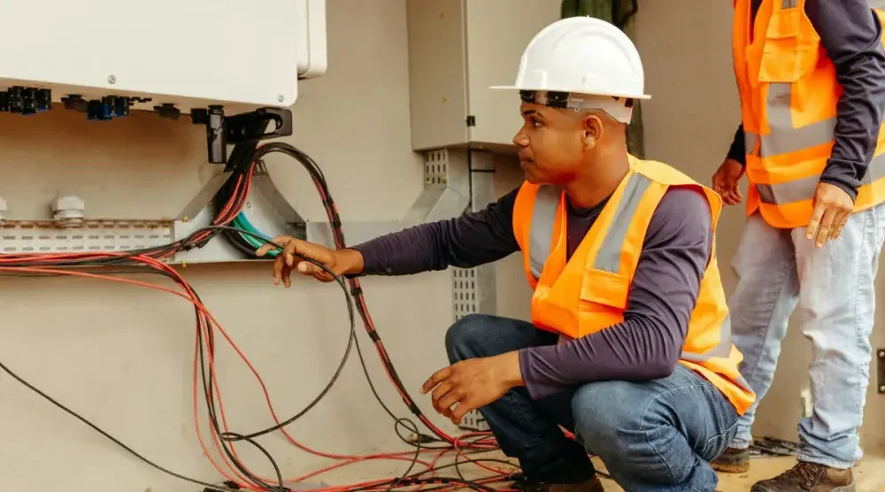 A Mississippi LLC owner wears a reflective vest and hard hat to inspect cables in a data center.