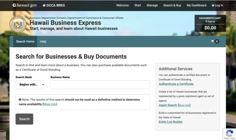 Screenshot of the Hawaii DCCA website business registration resource