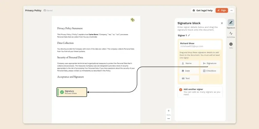 Along with your signatures, a Signature block tag allows you to save additional details, including your name and date when you signed the document.