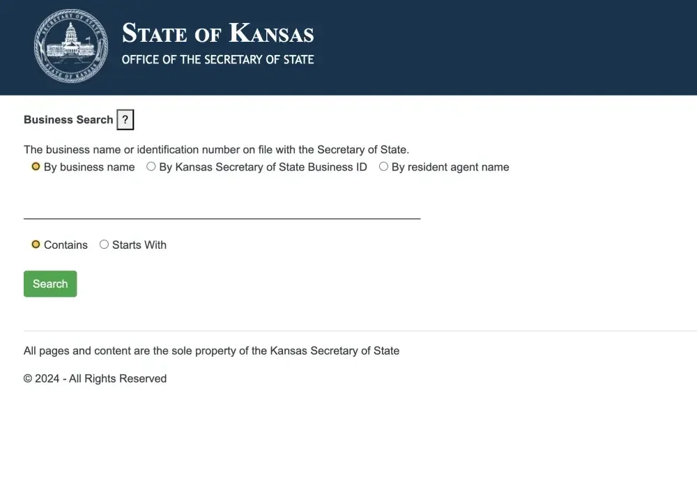 Screenshot of the Kansas Secretary of State business search homepage.