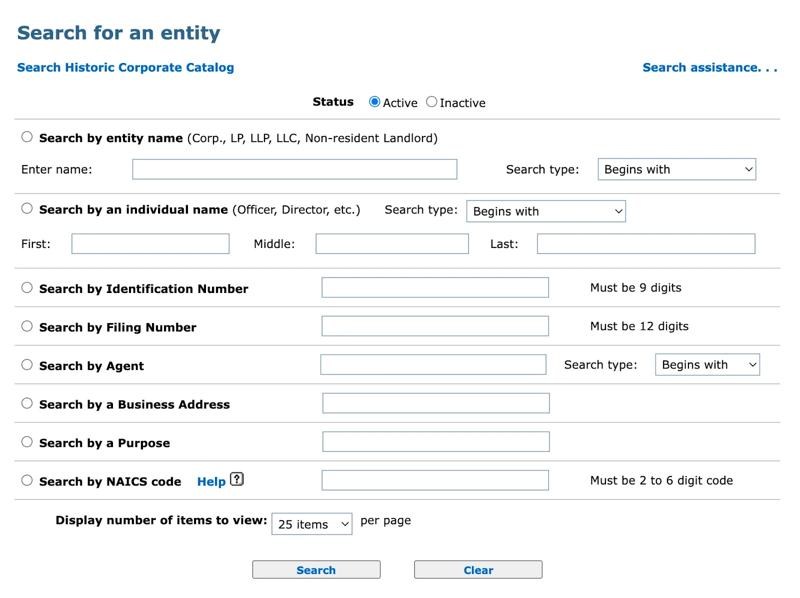 Screenshot of The Rhode Island Department of Business Services website business entity search function