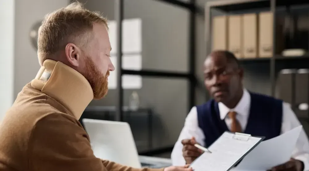 A personal injury lawyer explains a police report to a man in a neck brace who is seeking compensation