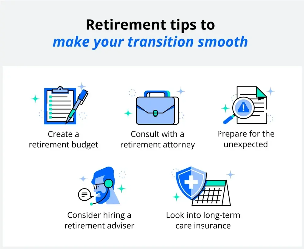 Create a budget, consult with an attorney, make plans for unexpected events, hire a retirement adviser, and look into long-term care insurance to prepare for retirement. 