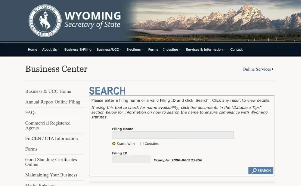 Screenshot of the Wyoming business entity search website homepage.