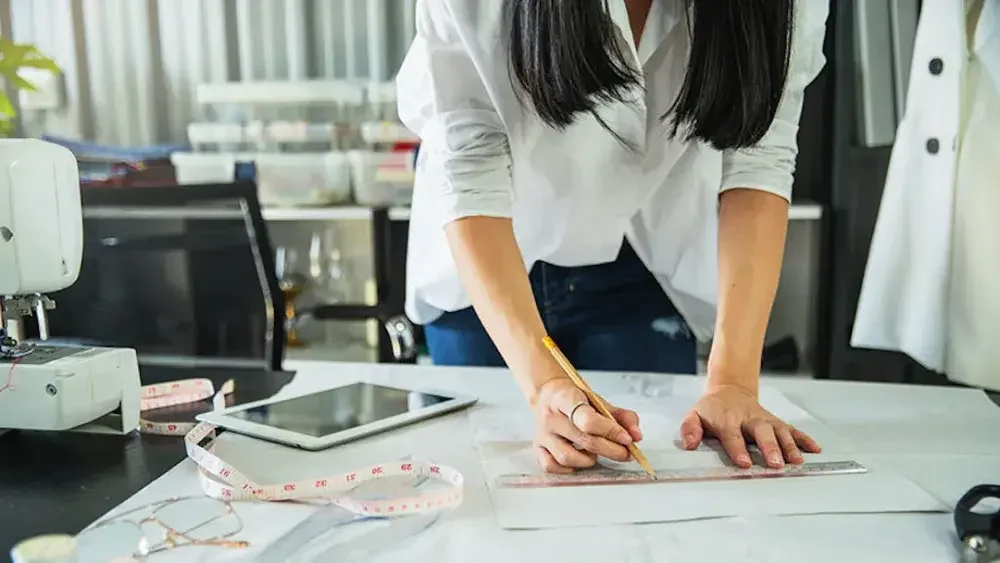 A seamstress looks at a dress design on paper in her shop. Any person or business can form an LLC in Texas. 