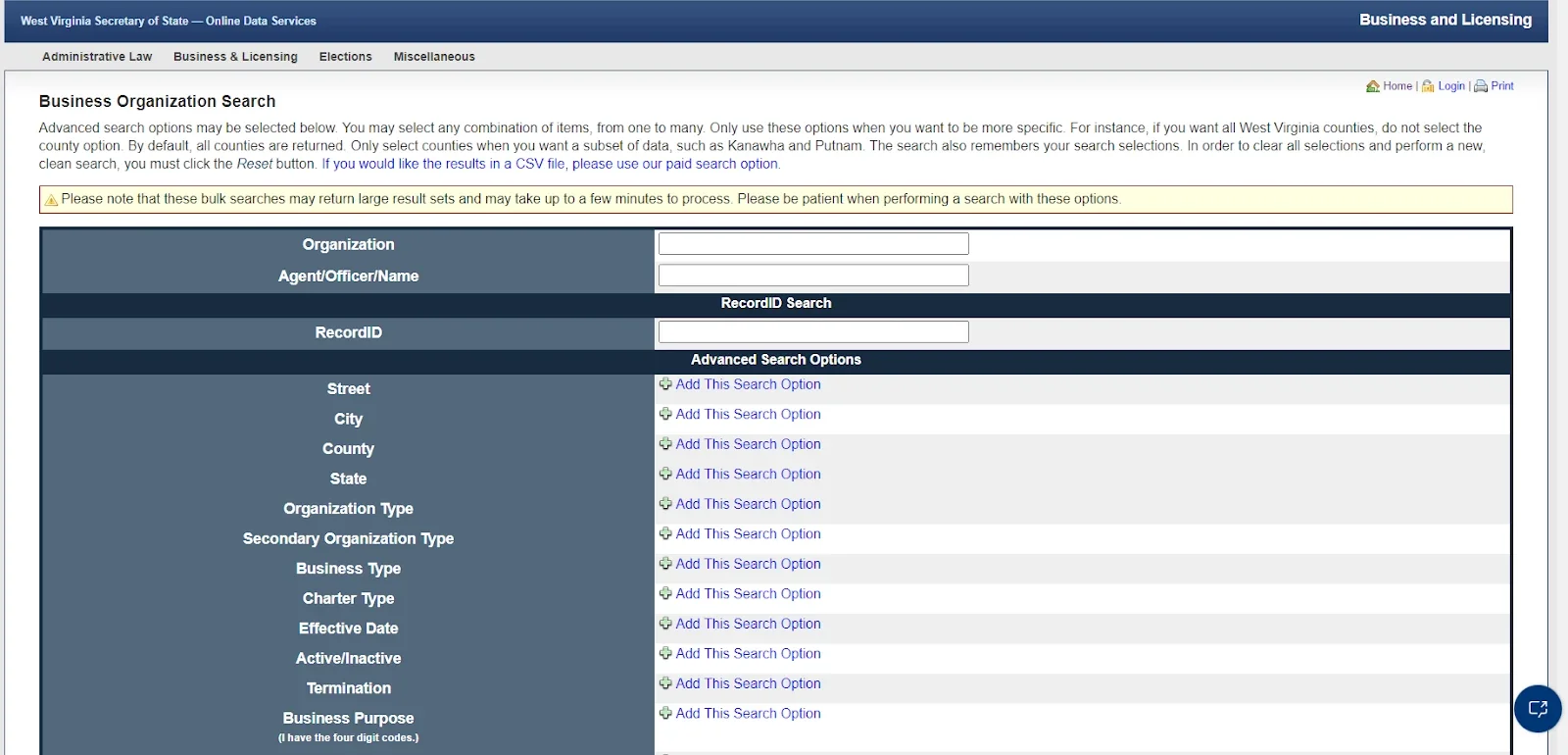 Screenshot of the West Virginia Business Organization website Search portal advanced search options