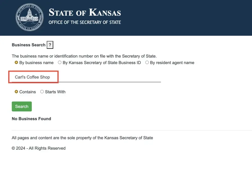 Screenshot of the Kansas Secretary of State business search homepage showing a search for the name "Carl's Coffee Shop" with no results.