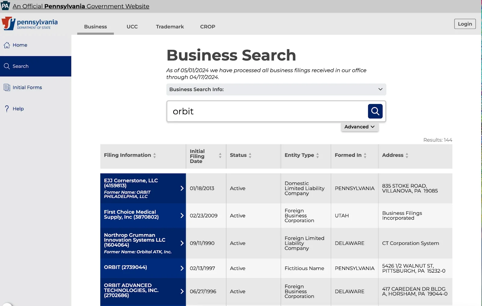 Screenshot of the Pennsylvania Department of State website business search function results page