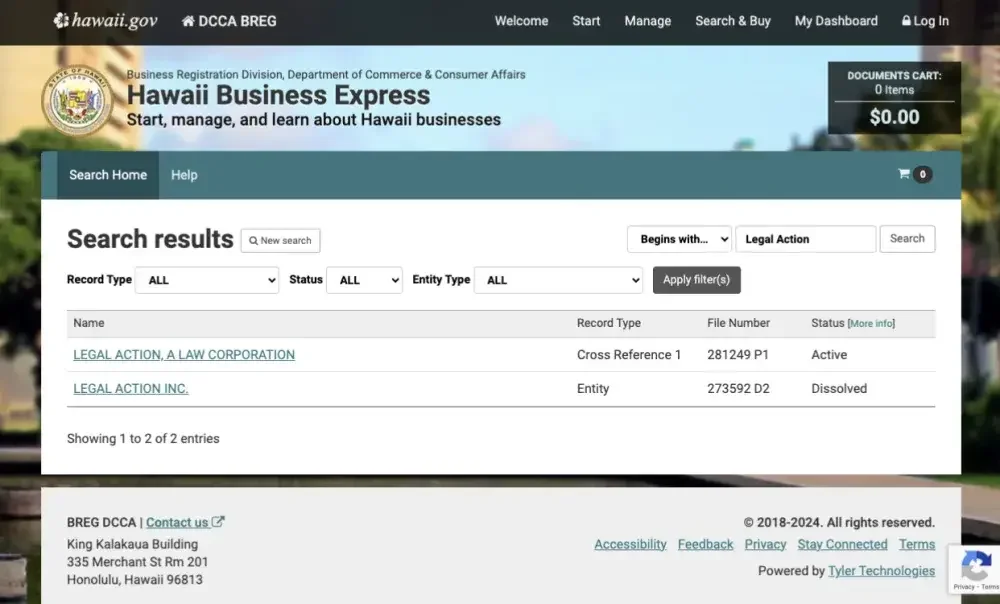 Screenshot of the Hawaii DCCA website business registration resource