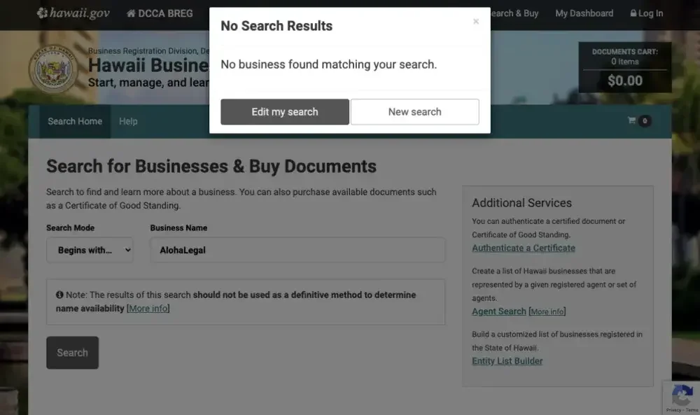 Screenshot of the Hawaii DCCA website business registration resource