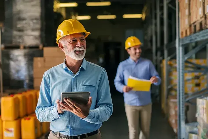 men hard hats in a warehouse 