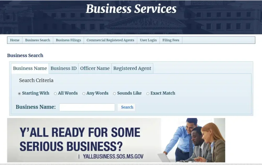 Screenshot from Mississippi business search website showing search tool options.