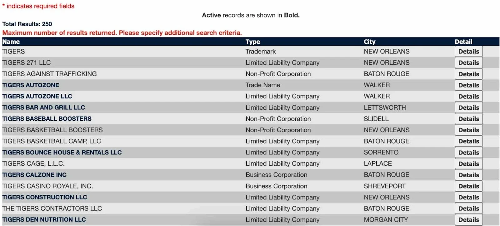 search results for the term "TIGERS" showing too many search results returned. please specify for additional search criteria