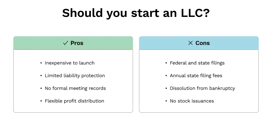 A bulleted list of four bullets each on the pros and cons of starting a limited liability company.